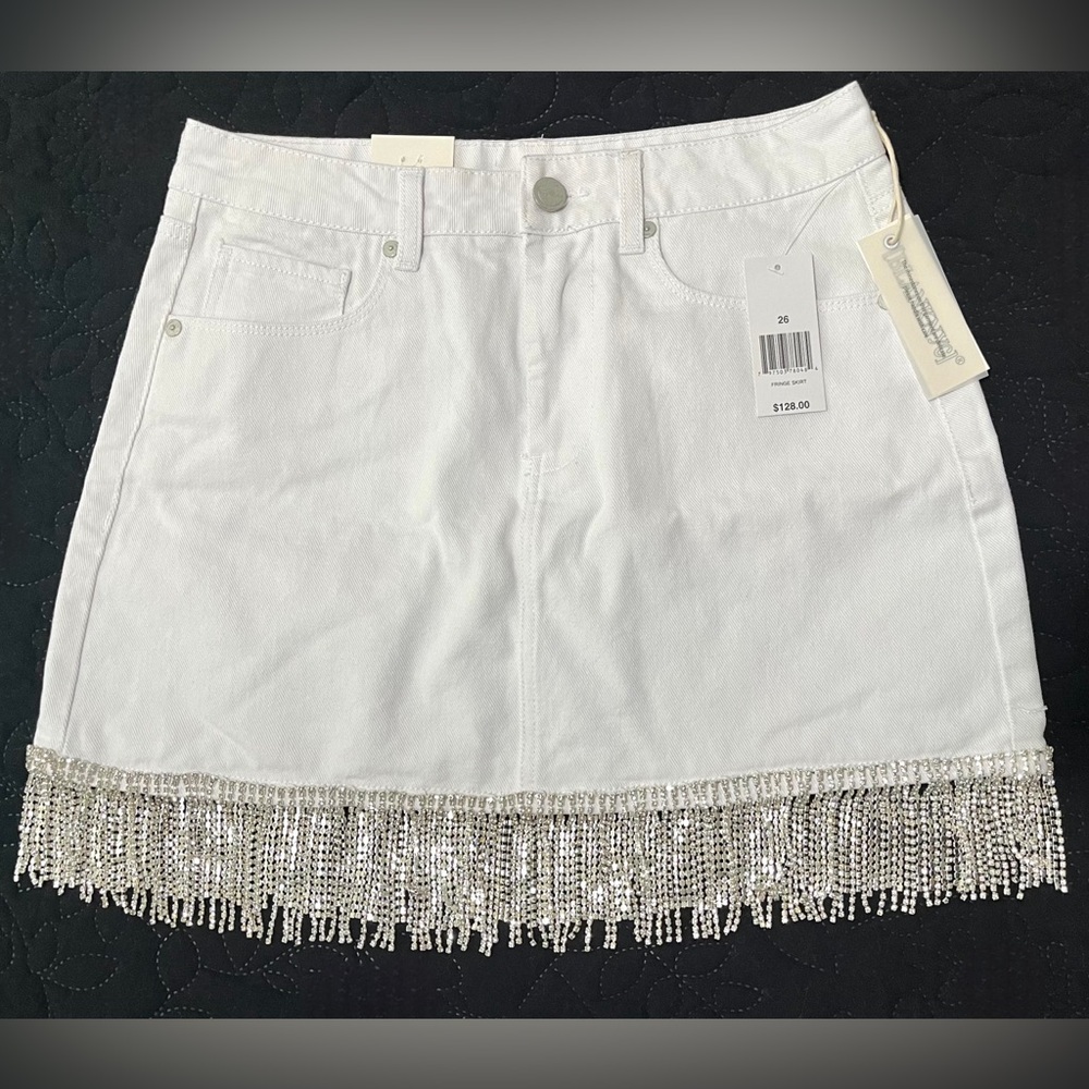 BlankNYC NWT White Denim Rhinestone Fringe Mini Skirt